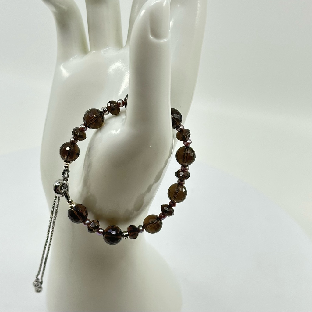 #332 Smoky Topaz And Baby Pink Pearls Adjustable Bracelet
